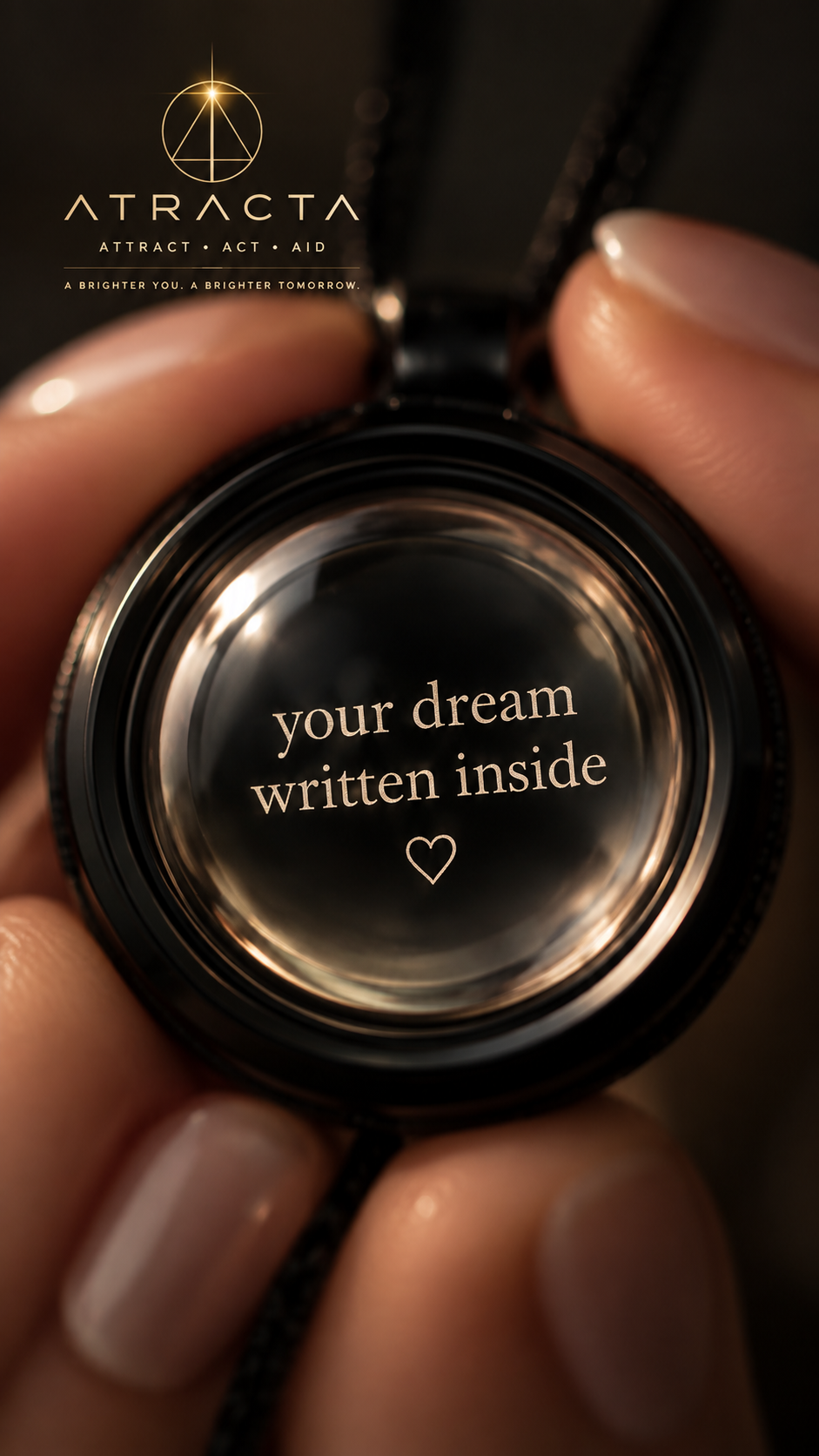 ATRACTA pendant held between fingertips, its magnifying lens revealing the words your dream written inside and a heart, with gold ATRACTA branding above
