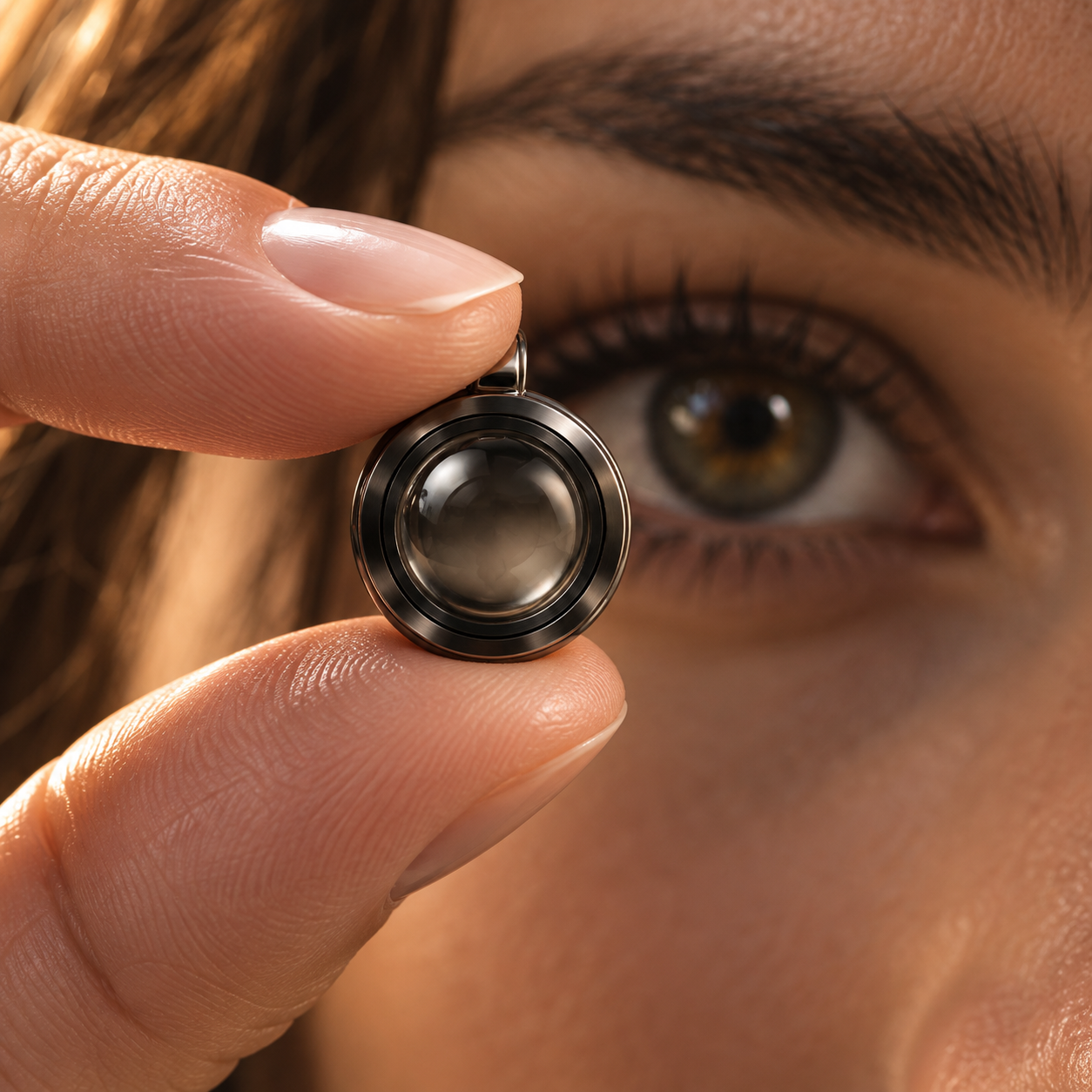 Concept image of a woman holding a small dark-metal pendant close to her eye, with light reflected in its magnifying lens